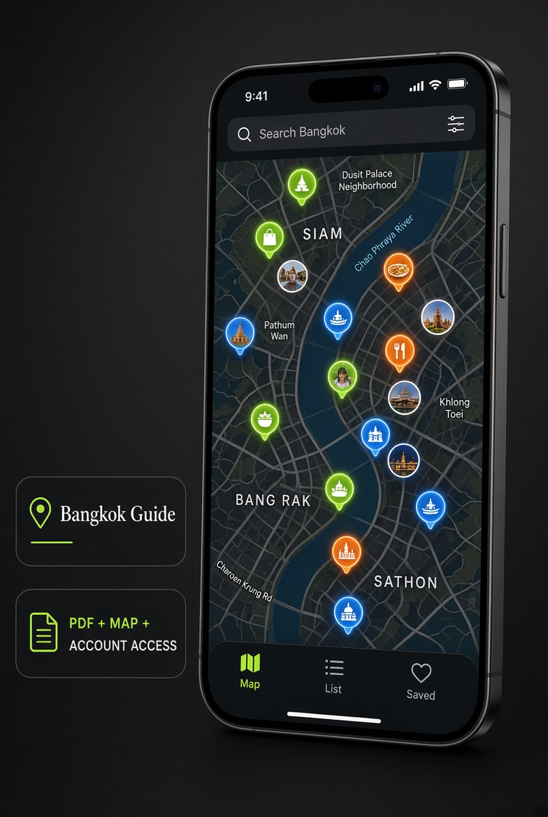 Bangkok Guide map preview on a phone, with PDF, map and account access